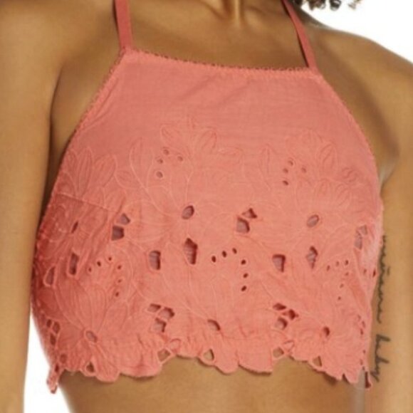 Free People Bralette Crop Top Coral June High Neck Festival Wear Floral New - Picture 2 of 5